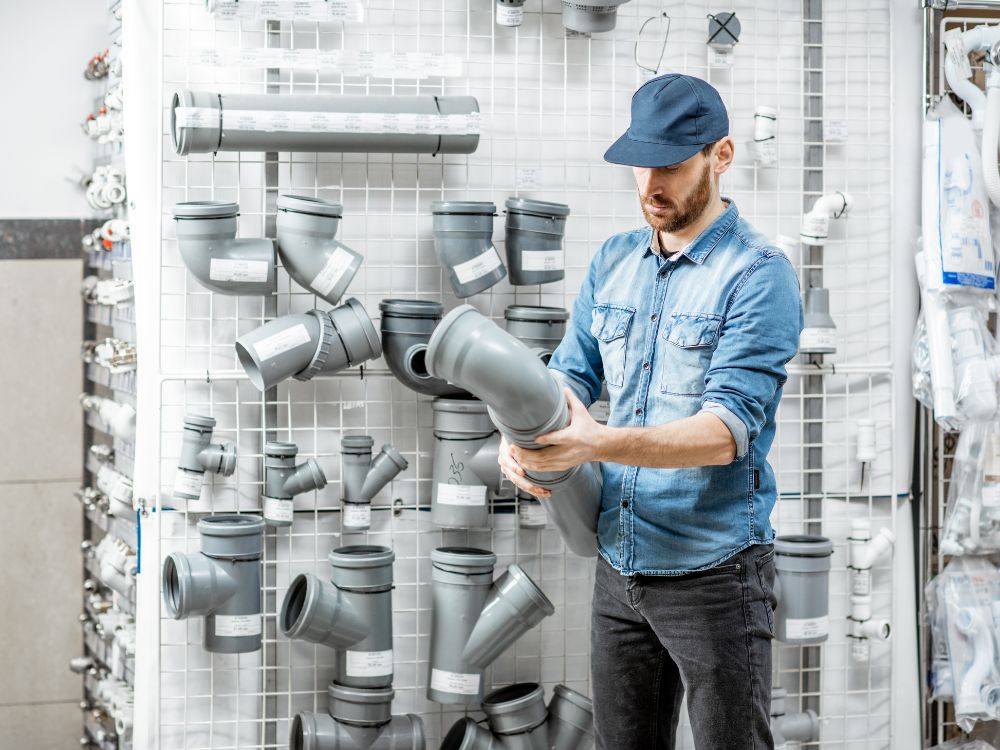 Profissional em loja de materiais hidráulicos analisando conexões e tubos de PVC para instalação ou manutenção de sistemas de encanamento.