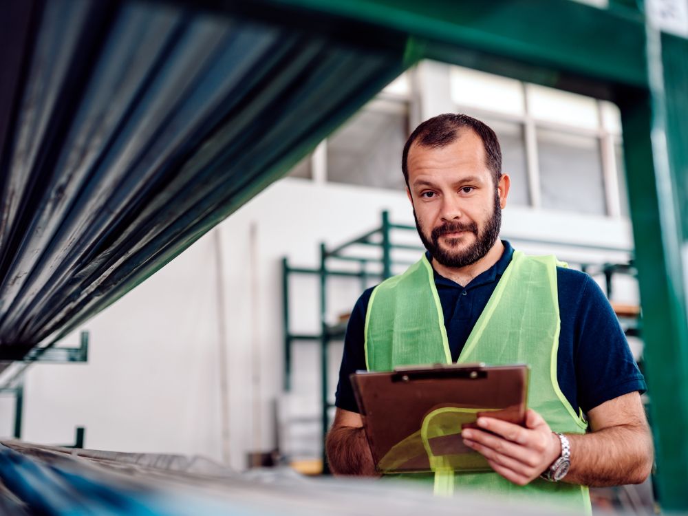 Profissional em ambiente industrial realizando inspeção com prancheta, representando as principais fábricas de Porto Alegre e seus processos produtivos.
